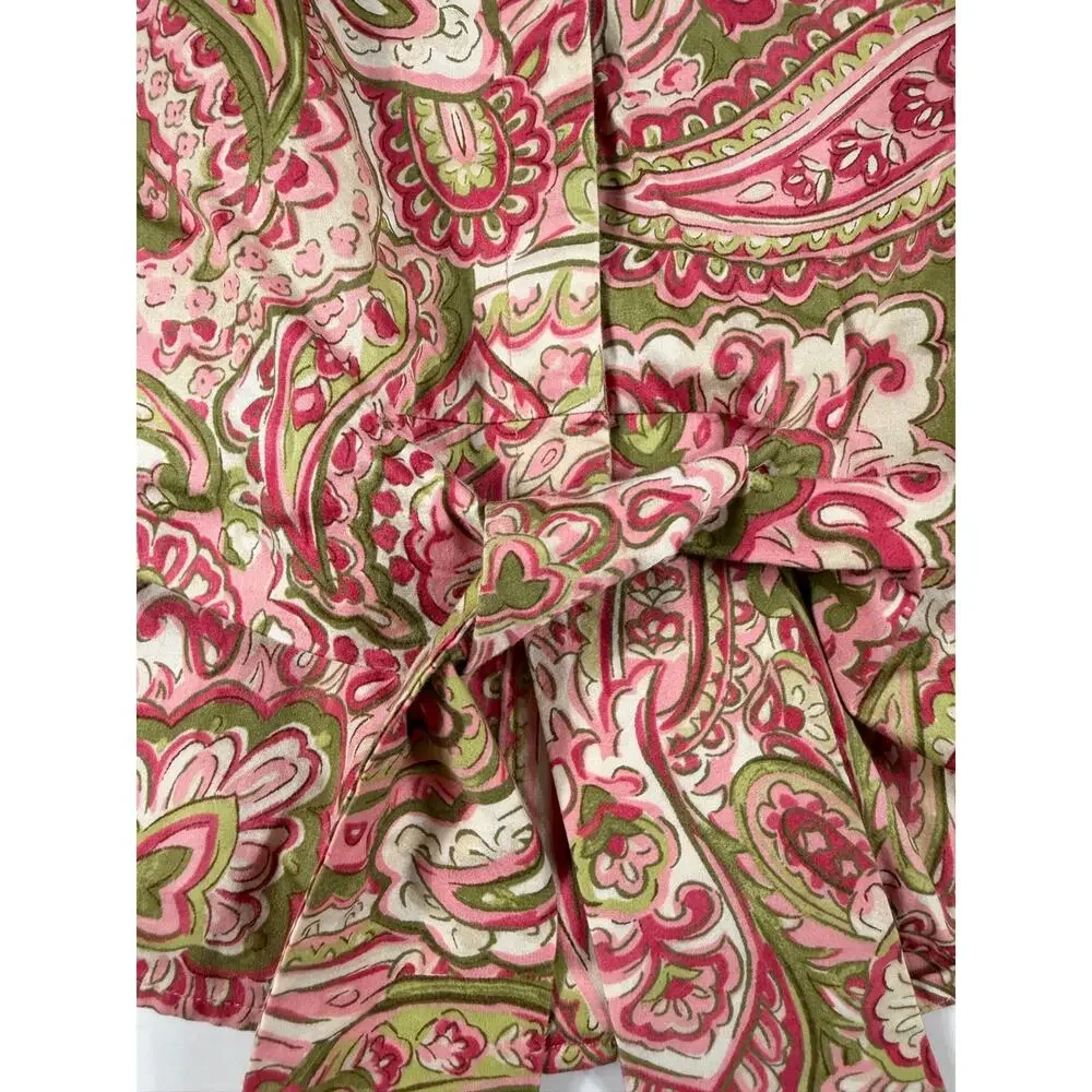 Jones New York Signature Pink Green Paisley Tie Front Cotton Blouse Size Small